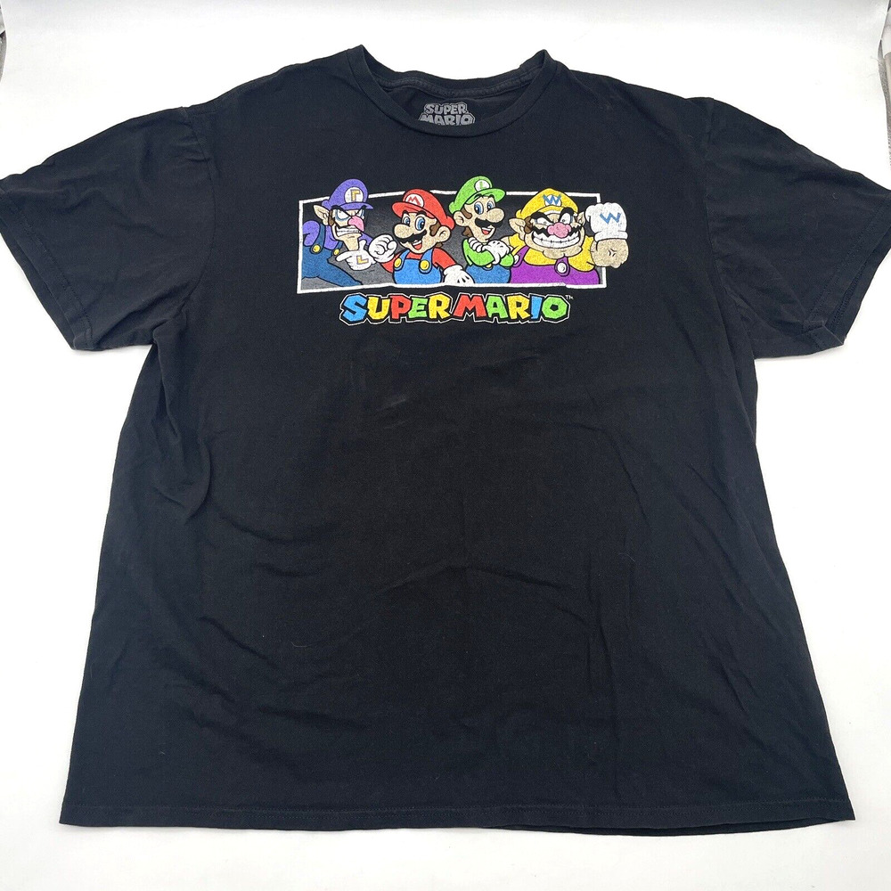 Super Mario Bros Luigi Mario Waluigi Wario Graphic Black Distressed T-Shirt XL